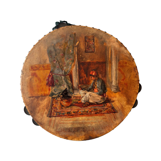 Antique Kurdish Iranian daf drum with Orientalist painted interior scene