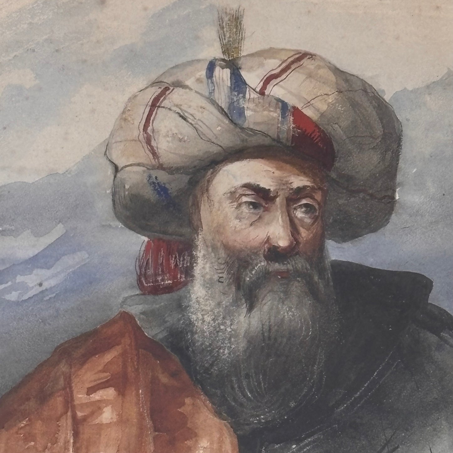 Detail Ottoman figure turban beard Orientalist portrait
