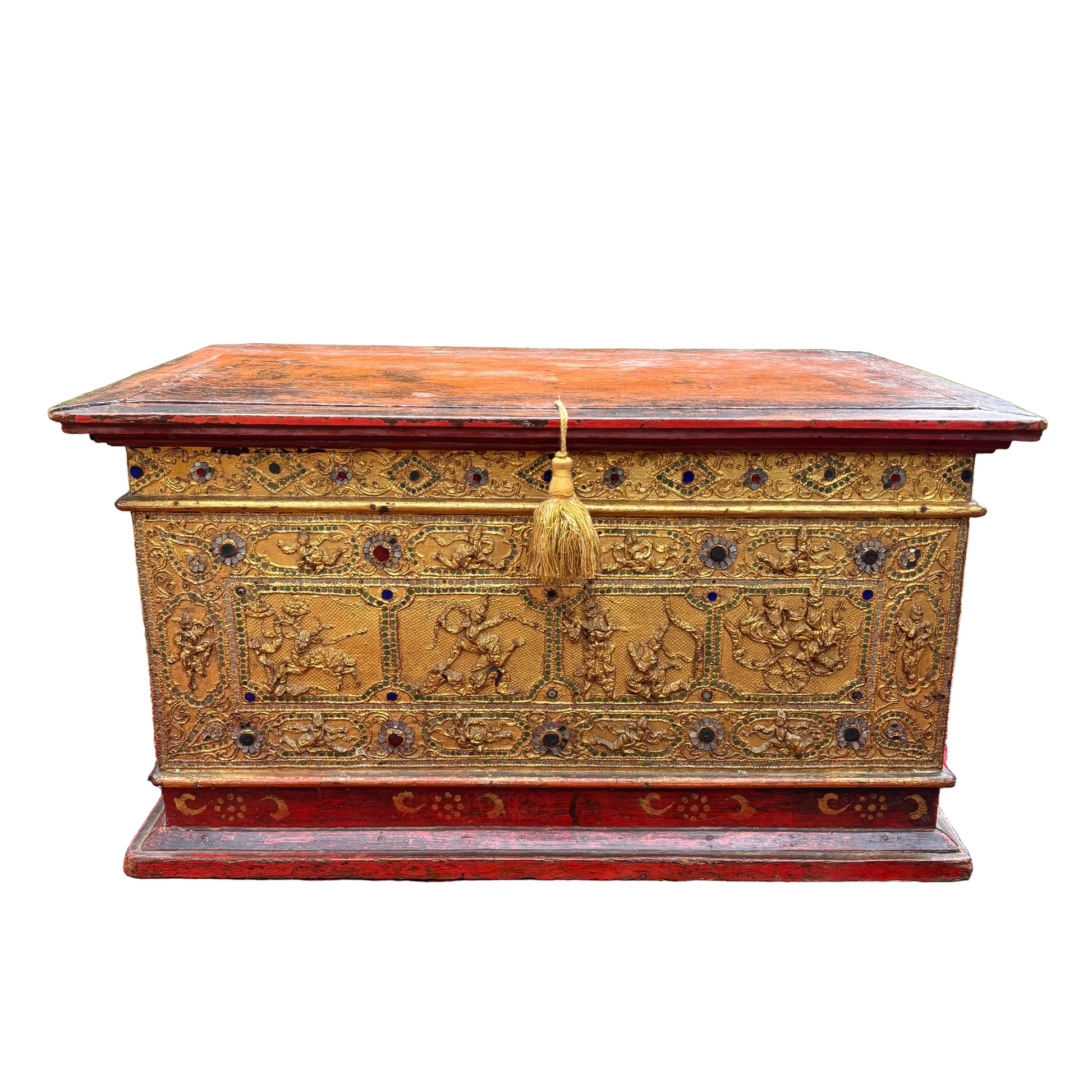 Burmese Mandalay period sadaik chest with gilt relief front panel