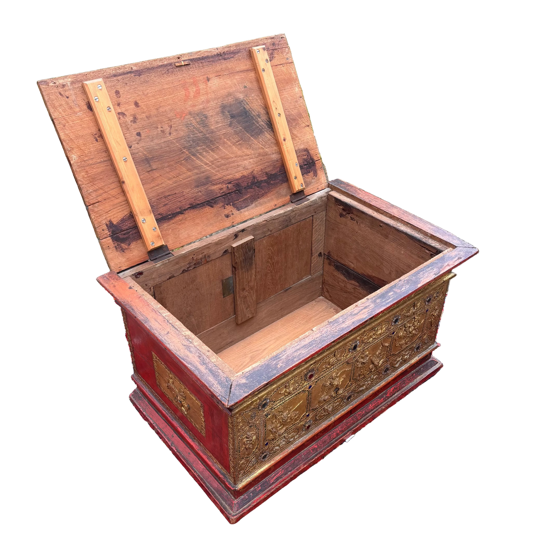 interior of teak manuscript chest showing wear and construction
