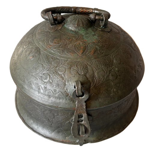 Large antique Indian betel nut set closed showing domed lid and handle