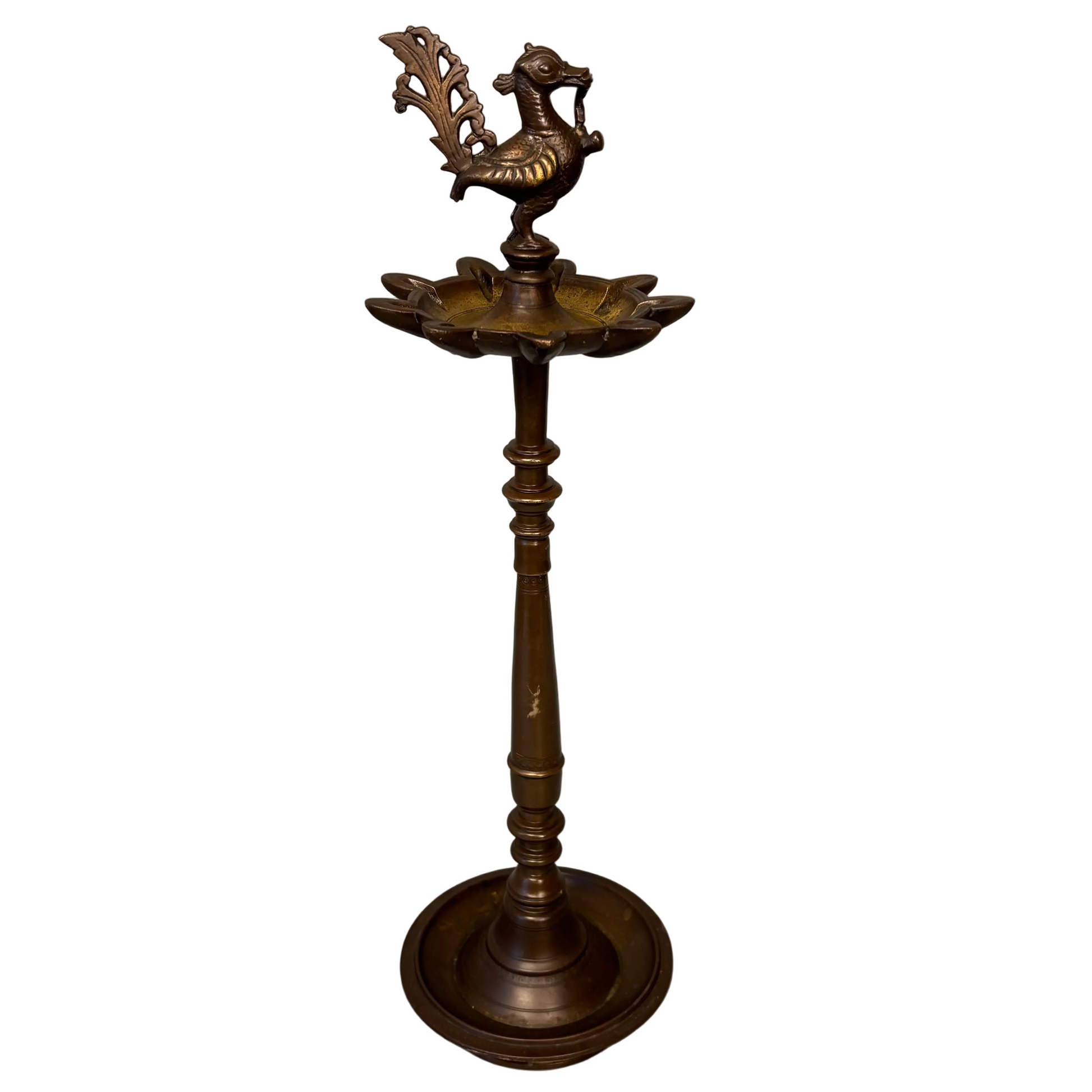 Antique brass oil lamp with hintha bird finial full view