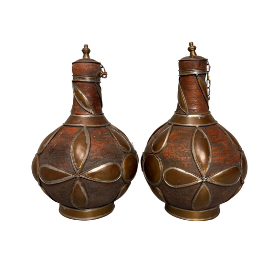 Pair Moroccan terracotta vessels with copper overlay front view