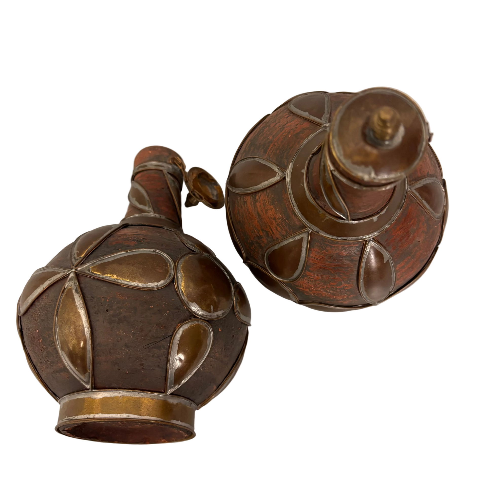 Overhead composition of pair Moroccan decorative pottery vessels