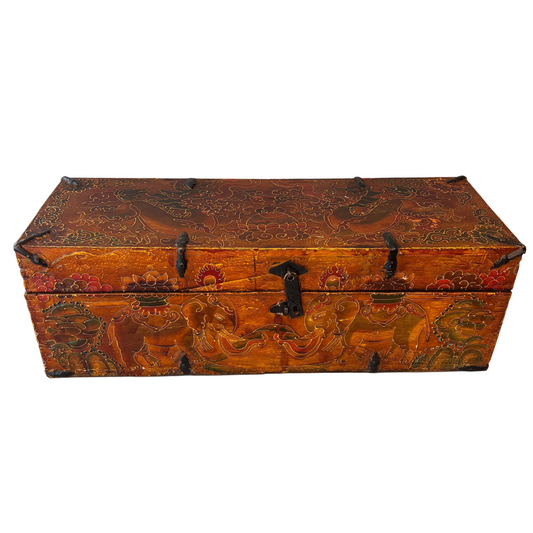 Antique Himalayan painted trunk with elephant decoration front panel
