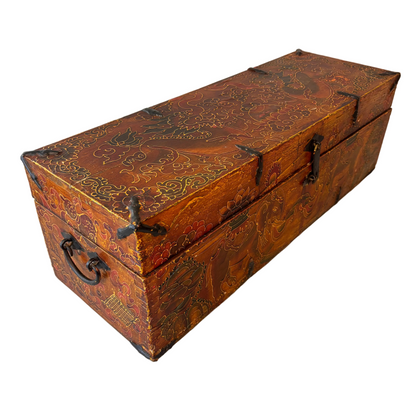 Himalayan wooden chest with iron strap hinges and lacquer surface