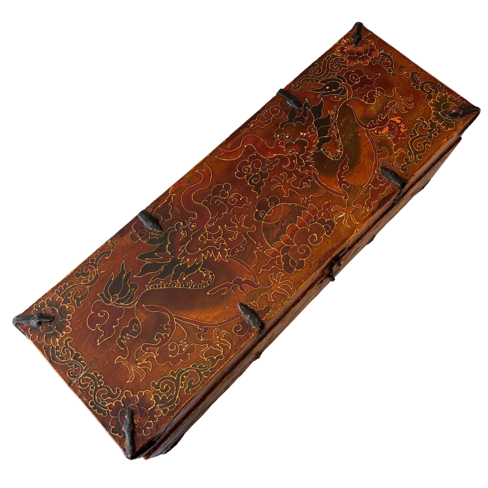 Top view showing aged lacquer surface and incised decoration