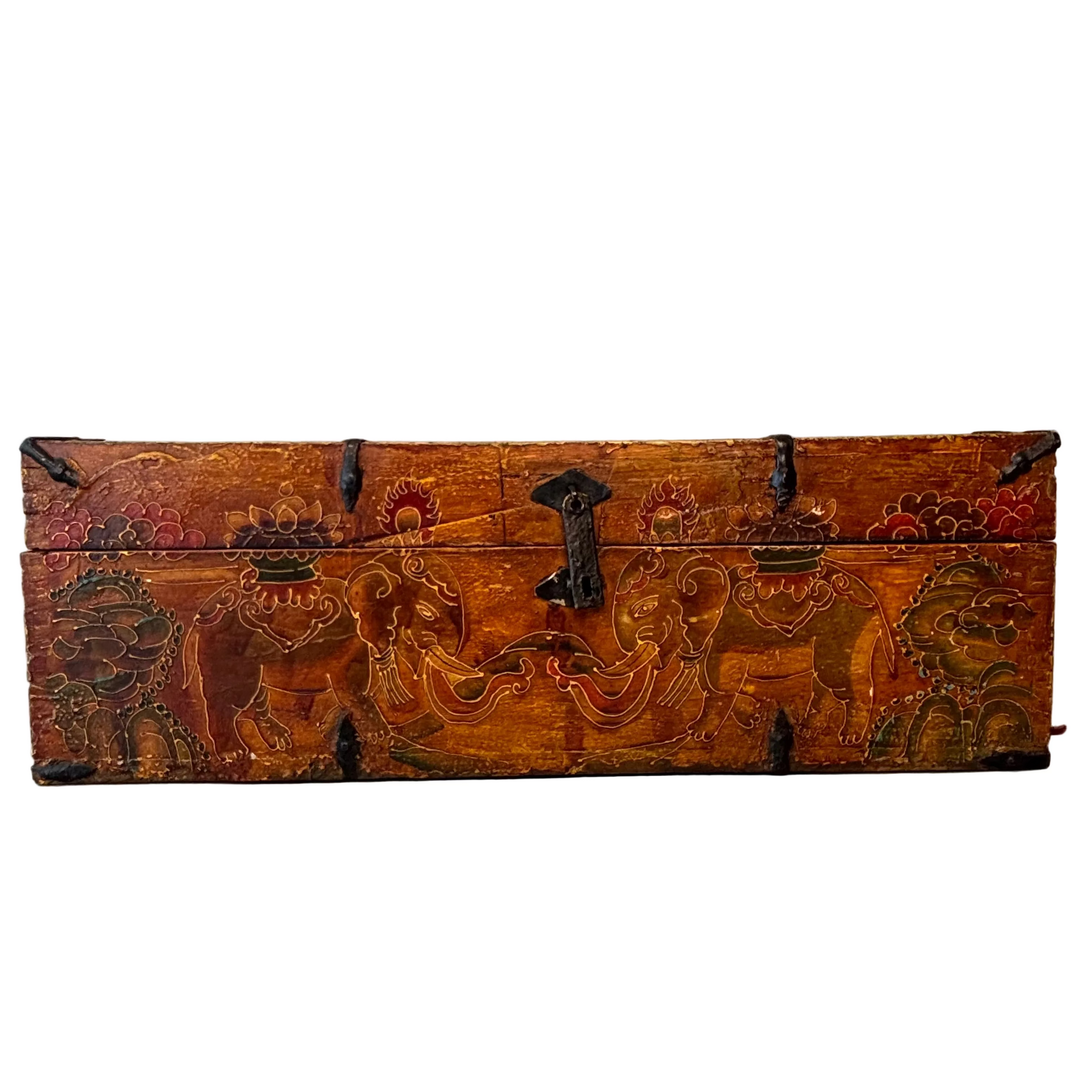 Antique Himalayan painted trunk with elephant decoration front panel