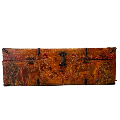Antique Himalayan painted trunk with elephant decoration front panel