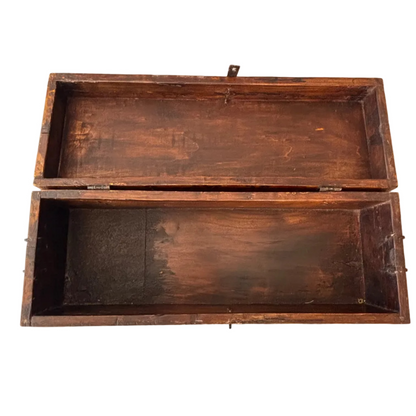 Interior of antique wooden storage trunk Himalayan region