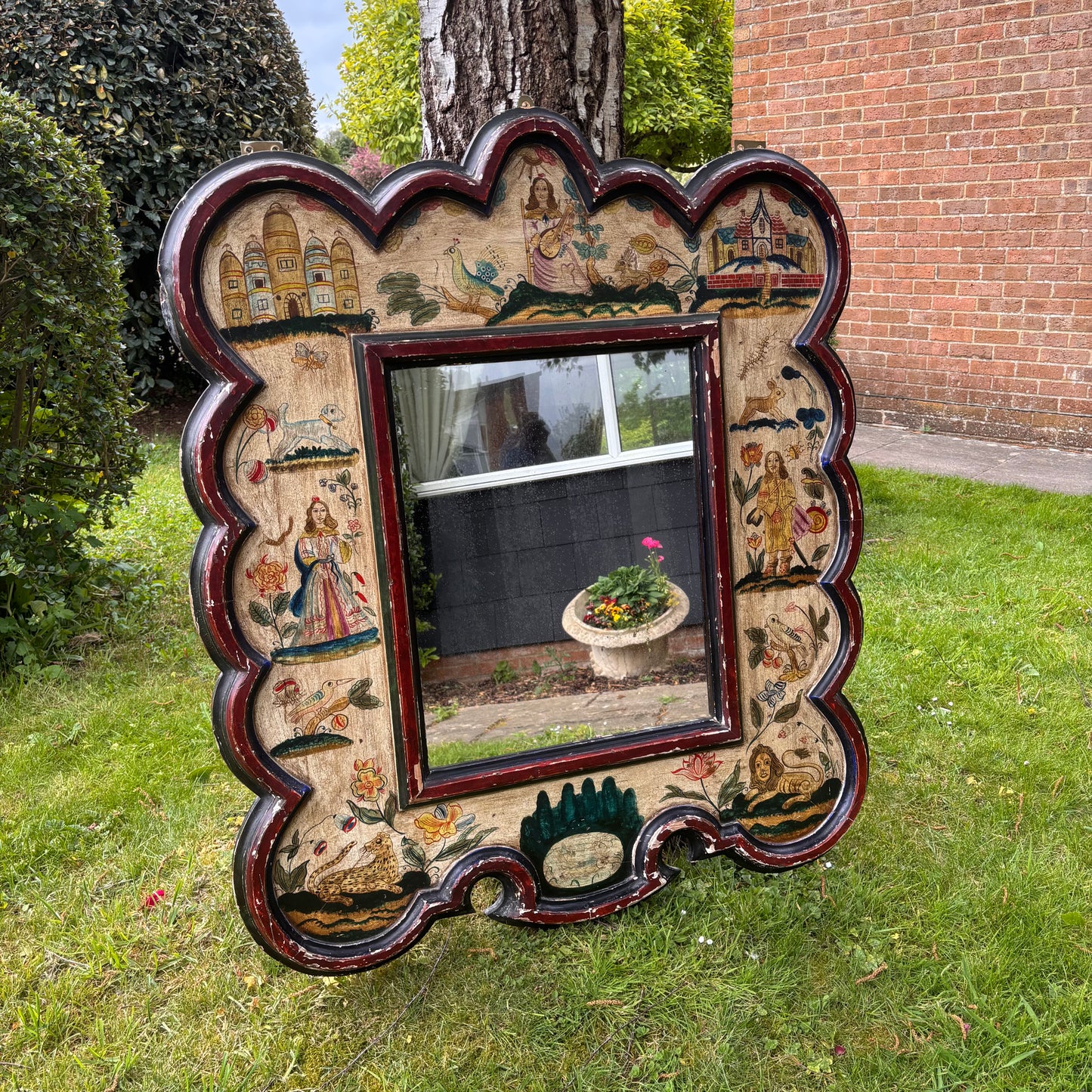 Antique Painted Mirror in the Manner of 17th Century Stumpwork Decoration
