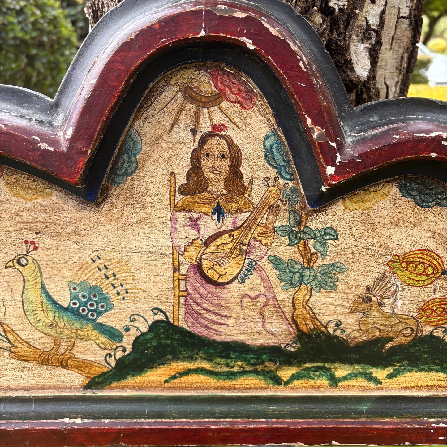 Antique Painted Mirror in the Manner of 17th Century Stumpwork Decoration