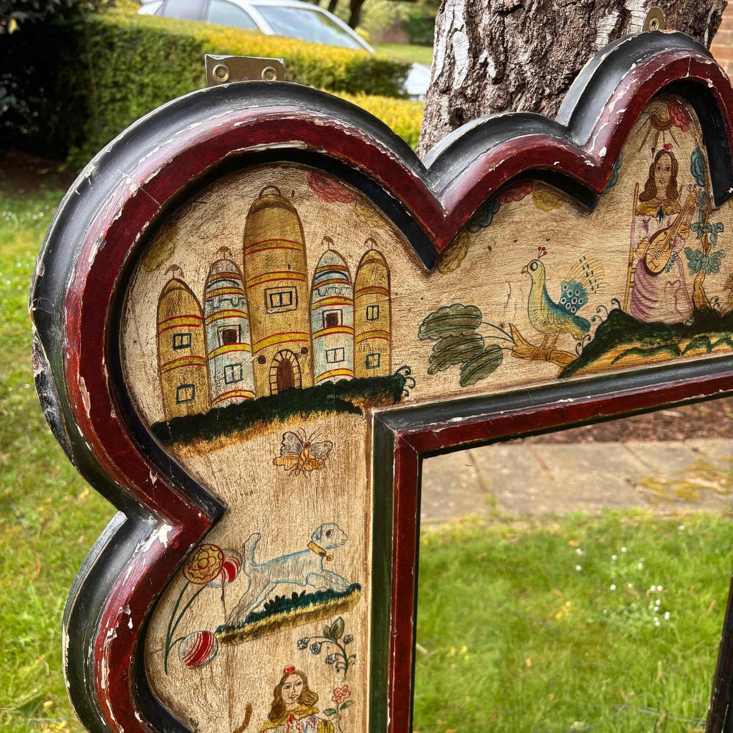Antique Painted Mirror in the Manner of 17th Century Stumpwork Decoration