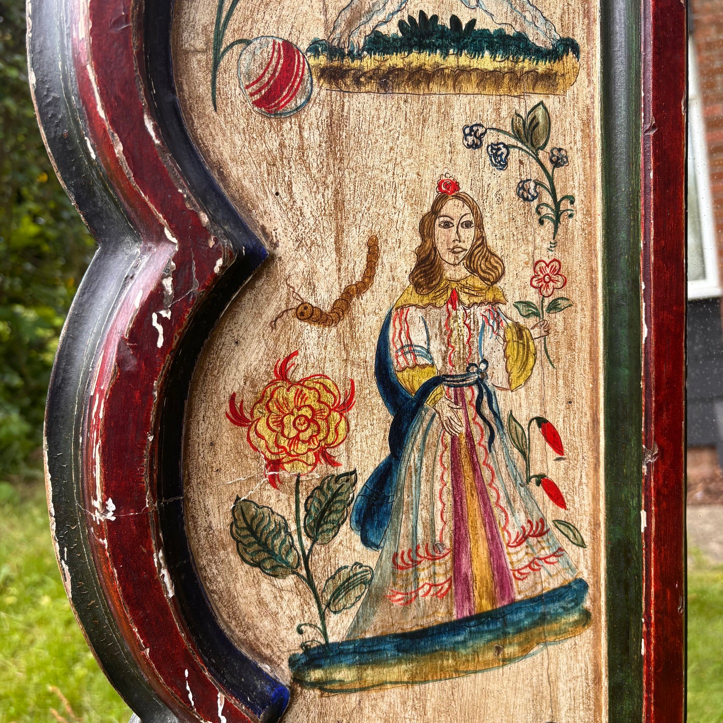 Antique Painted Mirror in the Manner of 17th Century Stumpwork Decoration