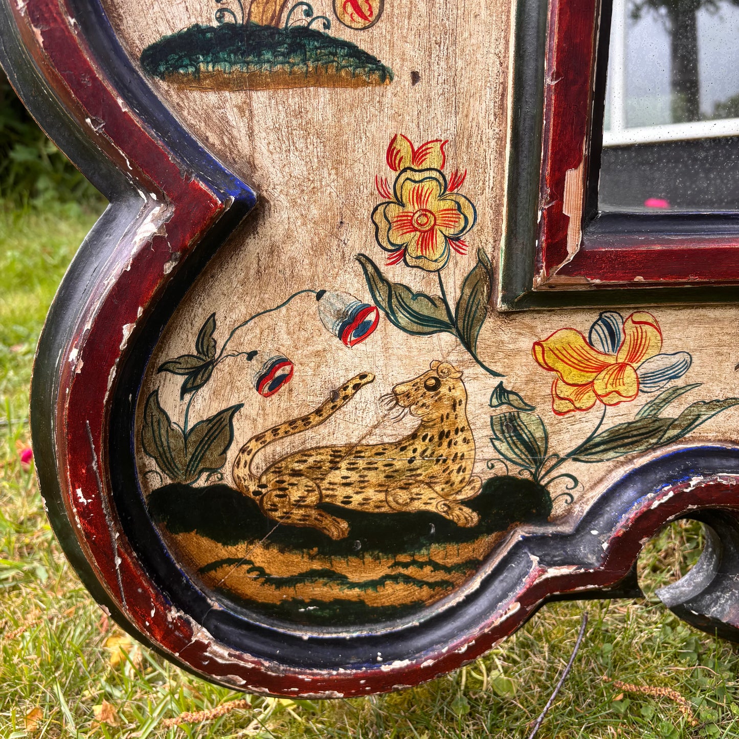 Antique Painted Mirror in the Manner of 17th Century Stumpwork Decoration