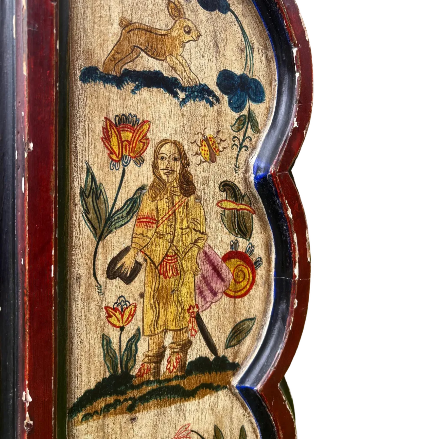 Antique Painted Mirror in the Manner of 17th Century Stumpwork Decoration