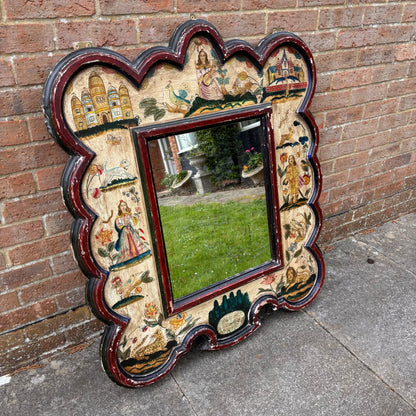 Antique Painted Mirror in the Manner of 17th Century Stumpwork Decoration