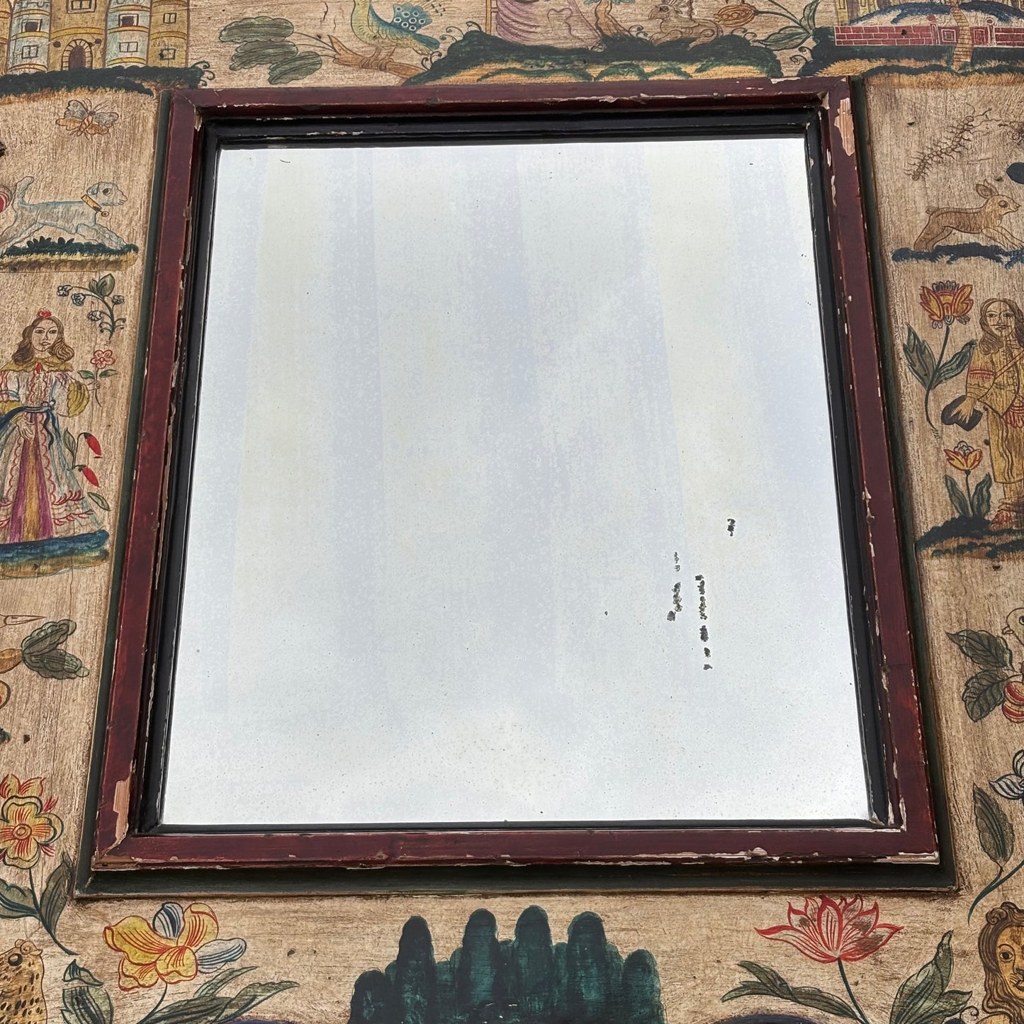 Antique Painted Mirror in the Manner of 17th Century Stumpwork Decoration