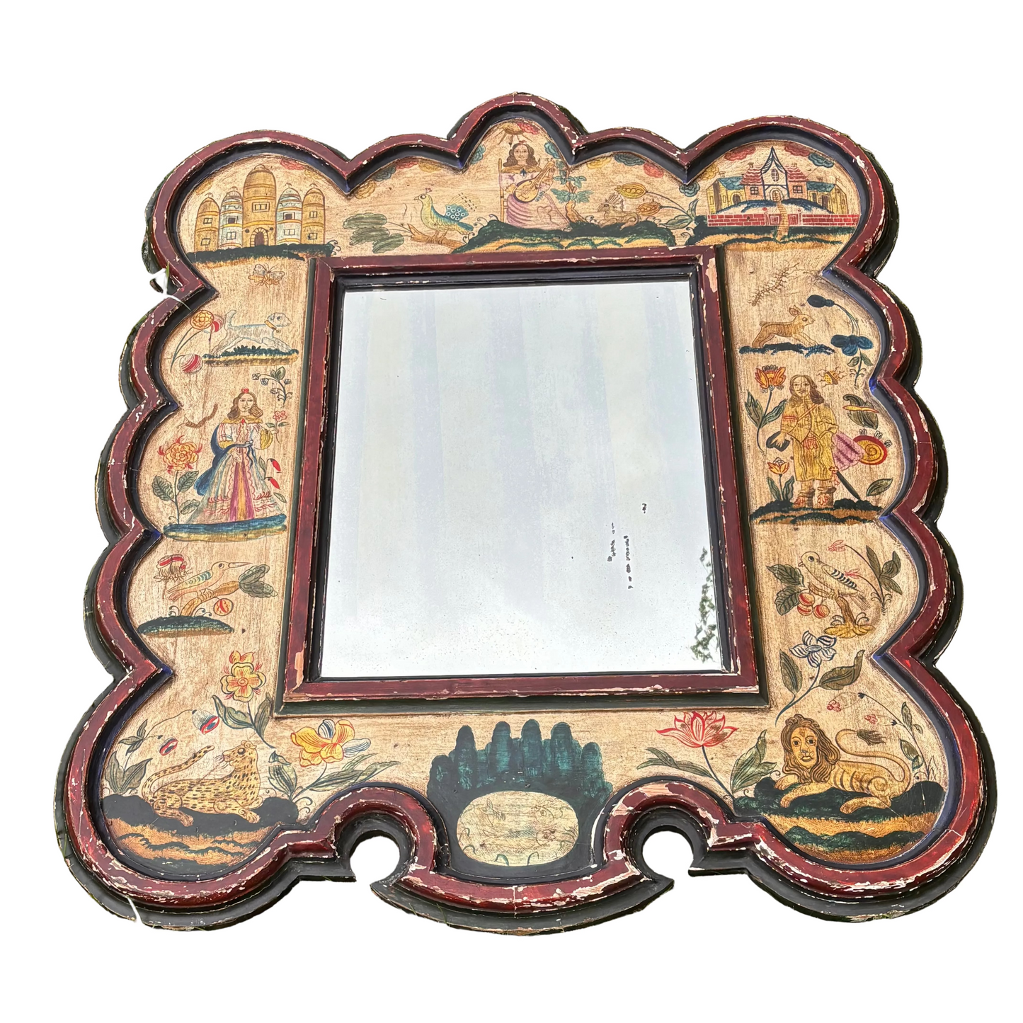 Antique Painted Mirror in the Manner of 17th Century Stumpwork Decoration