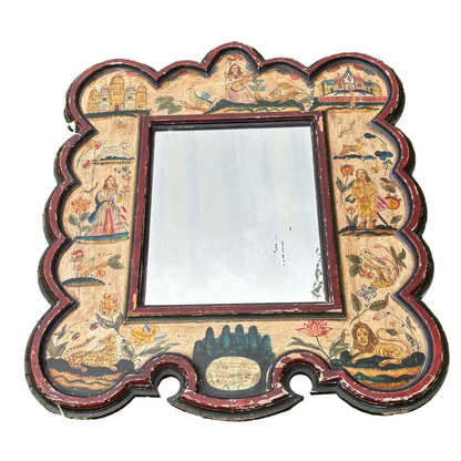 Antique Painted Mirror in the Manner of 17th Century Stumpwork Decoration