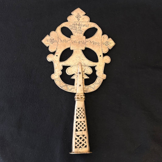 Large Ethiopian Orthodox processional cross with pierced openwork and Ge’ez script