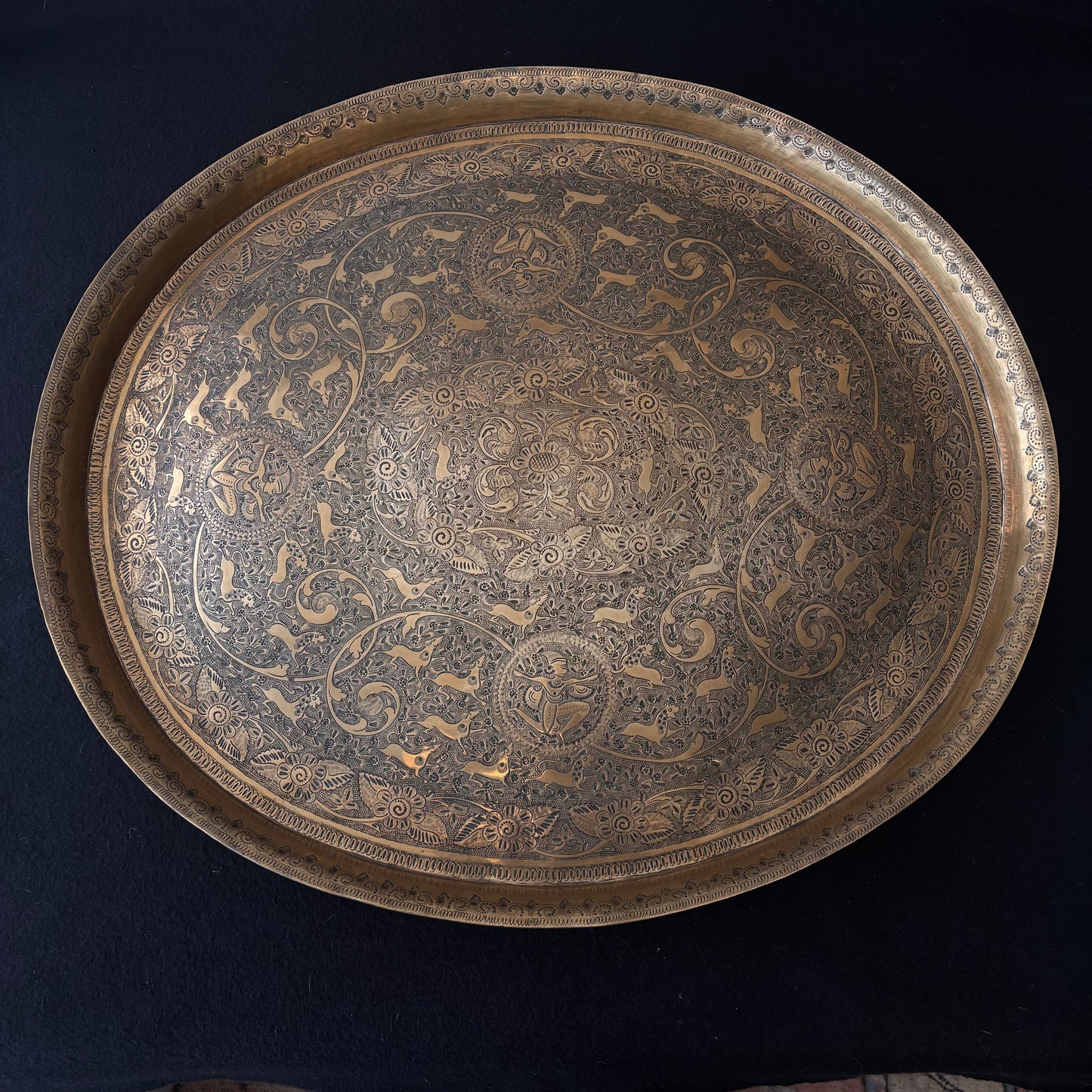 Large antique Indo Persian brass hunting tray with floral engraving and Saluki hounds