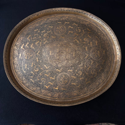 Large antique Indo Persian brass hunting tray with floral engraving and Saluki hounds