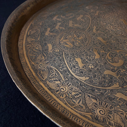 Hand chased brass tray with Mughal Revival decoration