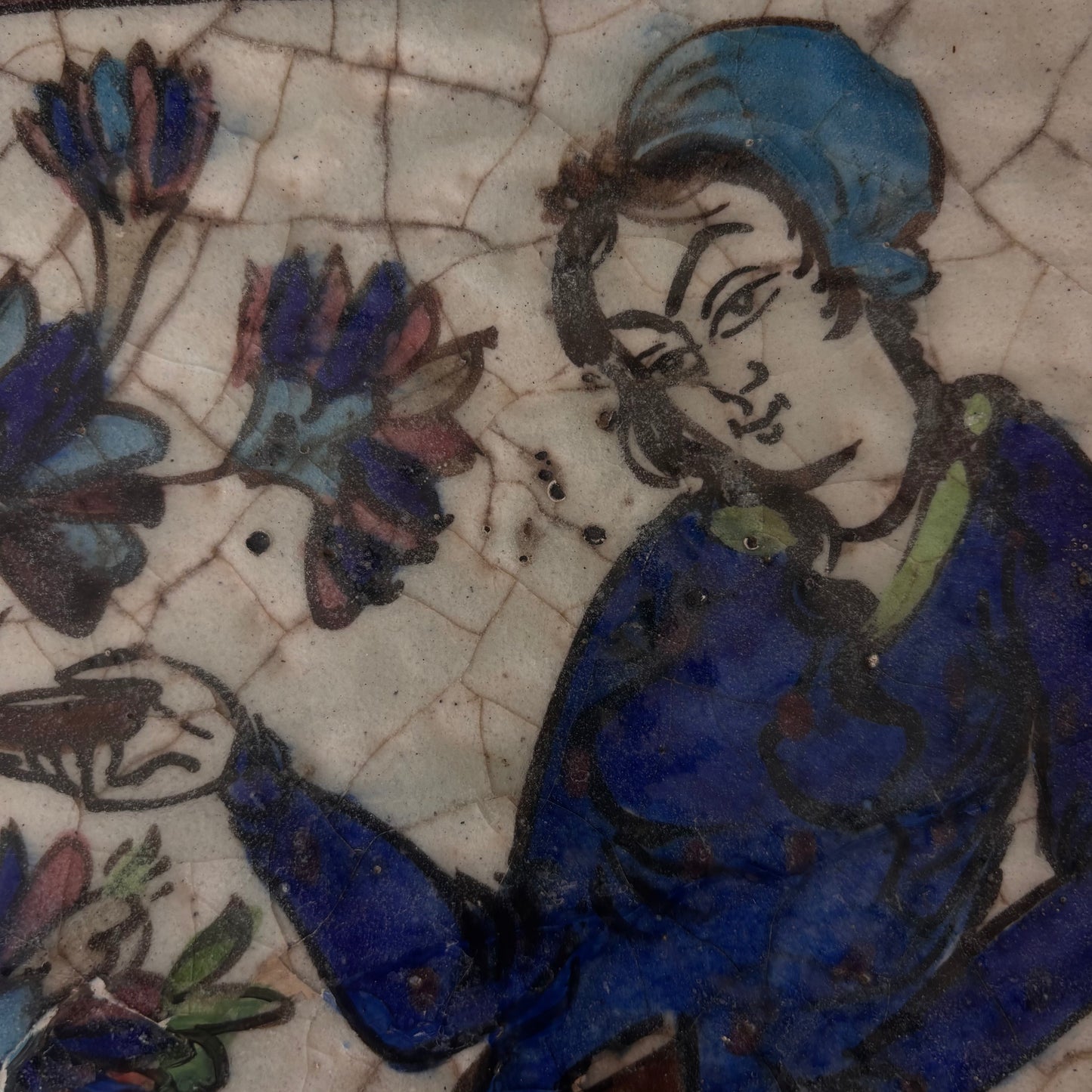 Floral decoration detail on Persian Qajar tile
