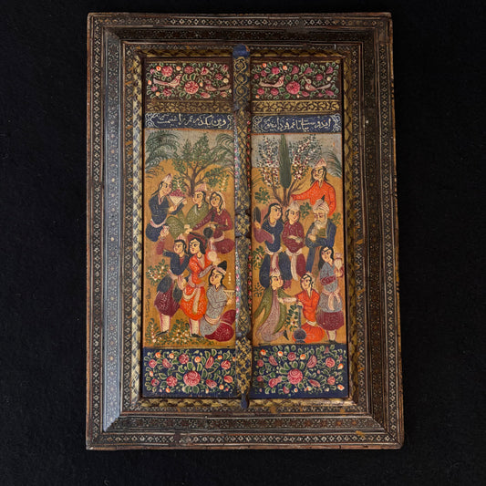 Front view of Persian Khatamkari mirror with painted hinged doors and floral decoration