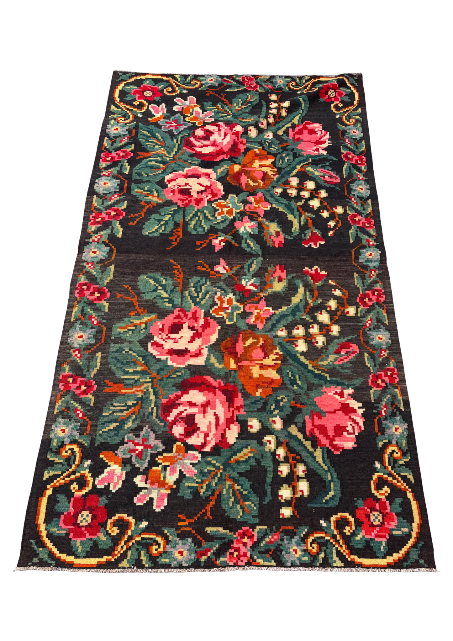 Large Mid-Century Bessarabian Rose Kilim – Floral Handwoven Rug (312x175cm)