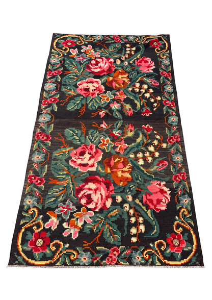 Large Mid-Century Bessarabian Rose Kilim – Floral Handwoven Rug (312x175cm)